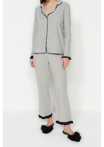 Kadın Pamuk Gömlek Yaka Uzun Kol Pamuk Fırfırlı Biyeli Gömlek-Pantolon Örme Pijama Takımı