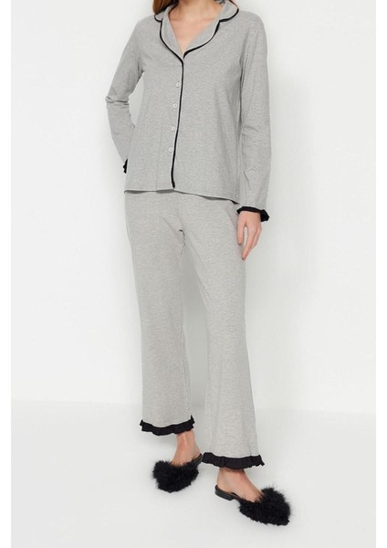 Kadın Pamuk Gömlek Yaka Uzun Kol Pamuk Fırfırlı Biyeli Gömlek-Pantolon Örme Pijama Takımı fiyatları