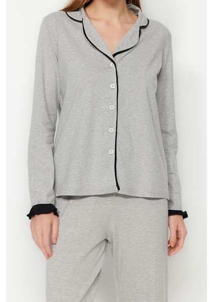 Kadın Pamuk Gömlek Yaka Uzun Kol Pamuk Fırfırlı Biyeli Gömlek-Pantolon Örme Pijama Takımı modelleri