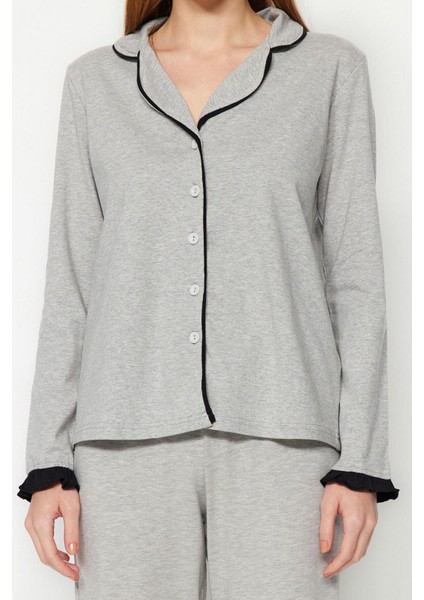 Kadın Pamuk Gömlek Yaka Uzun Kol Pamuk Fırfırlı Biyeli Gömlek-Pantolon Örme Pijama Takımı fırsatları