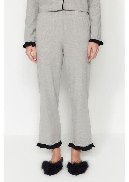 Kadın Pamuk Gömlek Yaka Uzun Kol Pamuk Fırfırlı Biyeli Gömlek-Pantolon Örme Pijama Takımı indirimleri