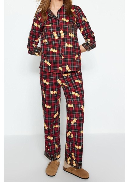 Kadın %100 Pamuk Bisiklet Yaka Uzun Kol Çok Renkli Ayıcık Desenli Ekoseli Örme Pijama Takımı