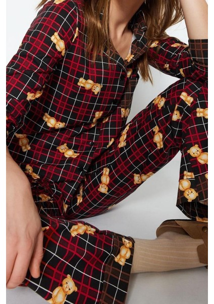 Kadın %100 Pamuk Bisiklet Yaka Uzun Kol Çok Renkli Ayıcık Desenli Ekoseli Örme Pijama Takımı fiyatları