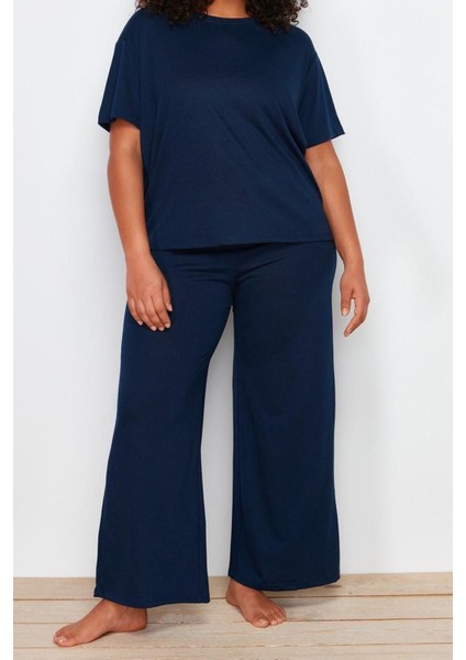 Büyük Beden Kadın Polyester Bisiklet Yaka Kısa Kol Bisiklet Yaka 3lü Örme Pijama Takımı