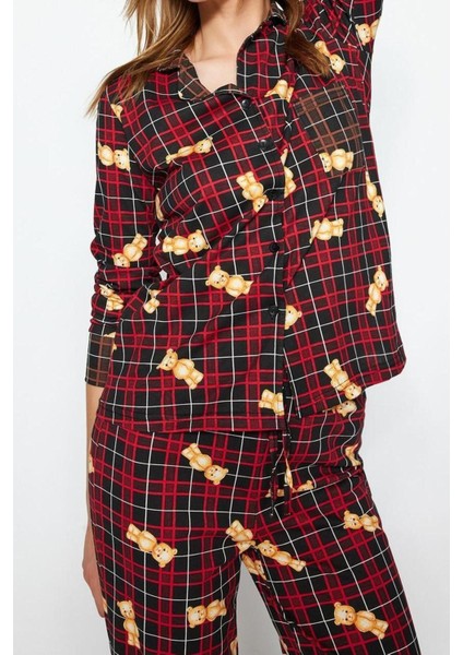 Kadın %100 Pamuk Bisiklet Yaka Uzun Kol Çok Renkli Ayıcık Desenli Ekoseli Örme Pijama Takımı modelleri