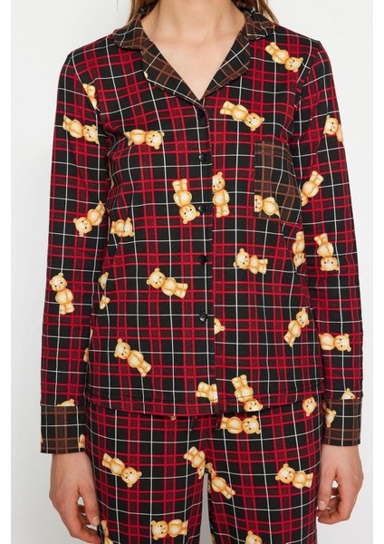 Kadın %100 Pamuk Bisiklet Yaka Uzun Kol Çok Renkli Ayıcık Desenli Ekoseli Örme Pijama Takımı fırsatları