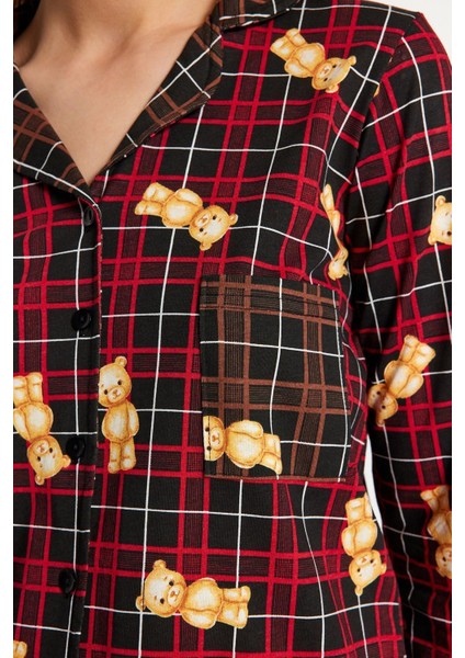 Kadın %100 Pamuk Bisiklet Yaka Uzun Kol Çok Renkli Ayıcık Desenli Ekoseli Örme Pijama Takımı indirimleri