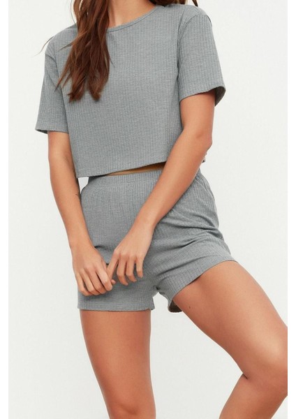 Kadın Polyester Bisiklet Yaka Kısa Kol Fitilli Pamuklu Örme Pijama Takımı