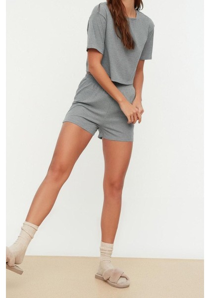 Kadın Polyester Bisiklet Yaka Kısa Kol Fitilli Pamuklu Örme Pijama Takımı