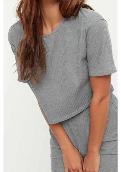 Kadın Polyester Bisiklet Yaka Kısa Kol Fitilli Pamuklu Örme Pijama Takımı