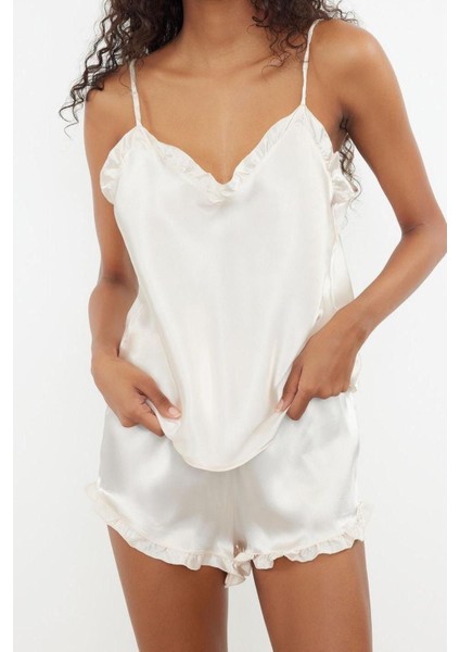 Kadın Polyester V Yaka Askılı Kol Fırfırlı Ip Askılı Saten Dokuma Pijama Takımı