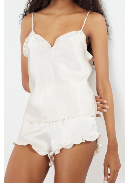 Kadın Polyester V Yaka Askılı Kol Fırfırlı Ip Askılı Saten Dokuma Pijama Takımı