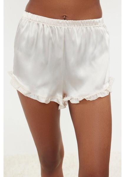 Kadın Polyester V Yaka Askılı Kol Fırfırlı Ip Askılı Saten Dokuma Pijama Takımı