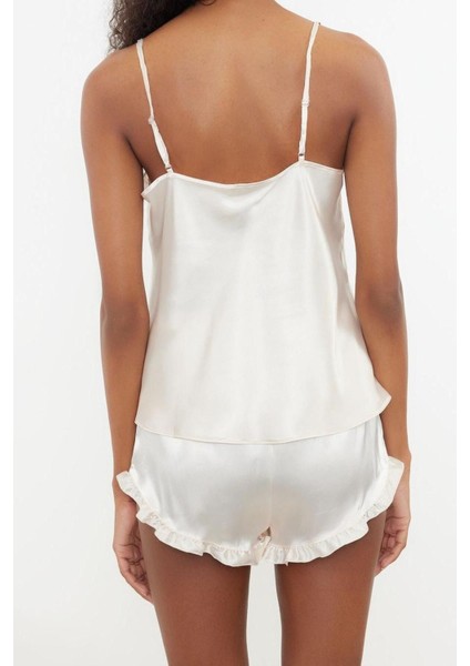 Kadın Polyester V Yaka Askılı Kol Fırfırlı Ip Askılı Saten Dokuma Pijama Takımı