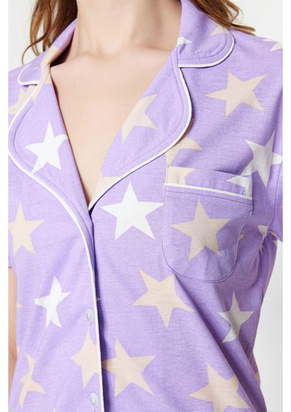 Kadın Pamuk Polyester Ceket Yaka Kısa Kol Pamuklu Yıldızlı Gömlek-Pantolon Örme Pijama Takımı fiyatları