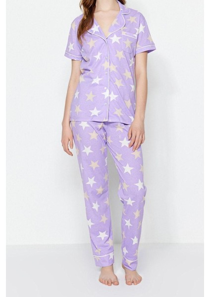 Kadın Pamuk Polyester Ceket Yaka Kısa Kol Pamuklu Yıldızlı Gömlek-Pantolon Örme Pijama Takımı modelleri