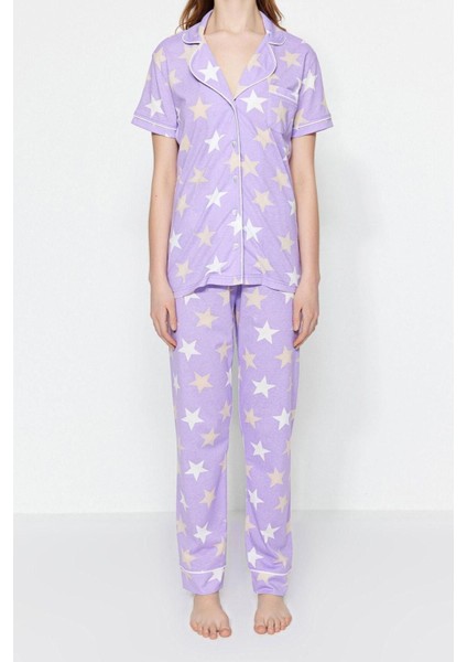 Kadın Pamuk Polyester Ceket Yaka Kısa Kol Pamuklu Yıldızlı Gömlek-Pantolon Örme Pijama Takımı fırsatları