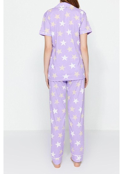 Kadın Pamuk Polyester Ceket Yaka Kısa Kol Pamuklu Yıldızlı Gömlek-Pantolon Örme Pijama Takımı indirimleri