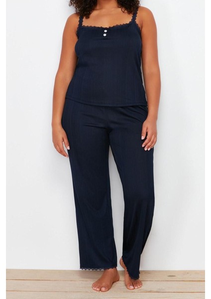 Büyük Beden Kadın Polyester Kare Yaka Askılı Kol Fitilli Askılı Örme Pijama Takımı