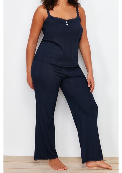 Büyük Beden Kadın Polyester Kare Yaka Askılı Kol Fitilli Askılı Örme Pijama Takımı fiyatları