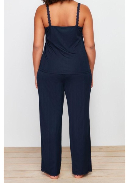 Büyük Beden Kadın Polyester Kare Yaka Askılı Kol Fitilli Askılı Örme Pijama Takımı indirimleri