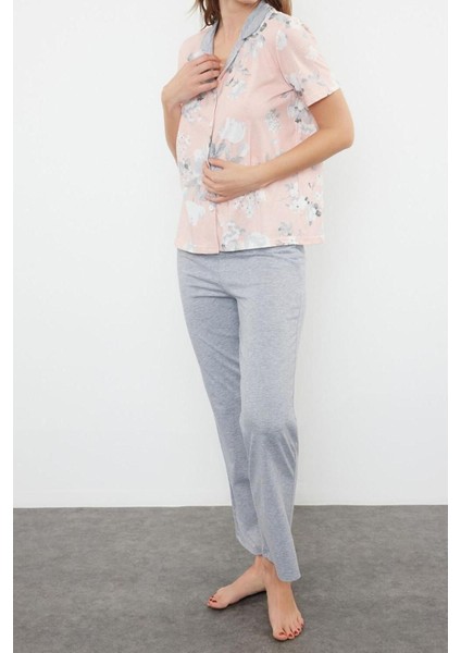 Kadın %100 Pamuk Gömlek Yaka Kısa Kol 100% Pamuk Çiçek Detaylı Örme Pijama Takımı
