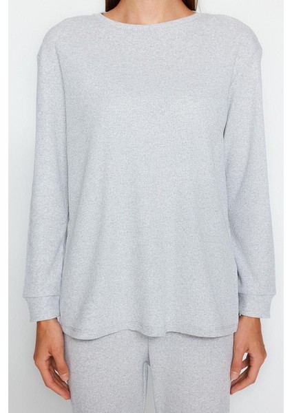 Kadın Pamuklu Bisiklet Yaka Uzun Kol Fitilli Pamuklu Geniş Kalıp Örme Pijama Takımı fırsatları