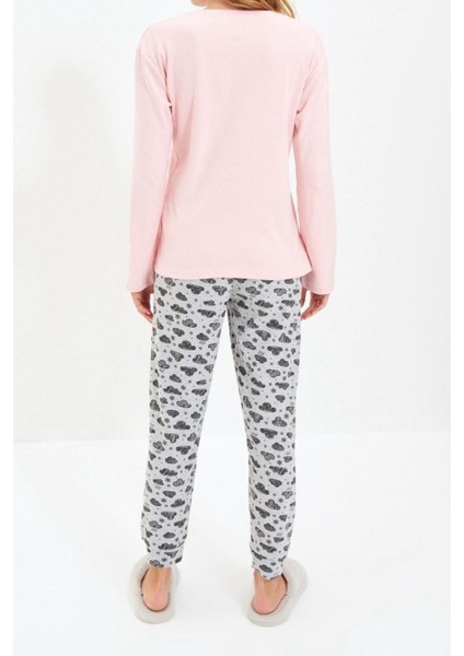 Kadın Pamuklu V Yaka Uzun Kol Pamuklu Nakışlı Örme Pijama Takımı