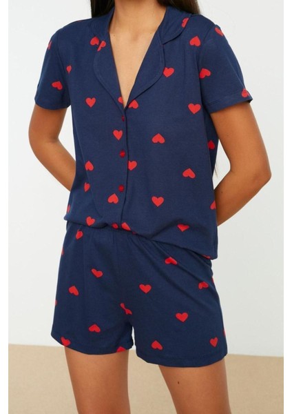 Kadın %100 Pamuk Gömlek Yaka Kısa Kol %100 Pamuk Kalp Desenli Gömlek-Şort Örme Pijama Takımı