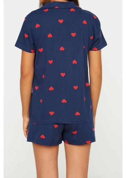 Kadın %100 Pamuk Gömlek Yaka Kısa Kol %100 Pamuk Kalp Desenli Gömlek-Şort Örme Pijama Takımı