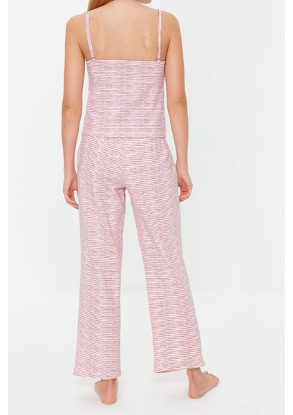 Kadın Pamuklu V Yaka Askılı Kol Pamuklu Çizgili Dantel Detaylı Ip Askılı Örme Pijama Takımı