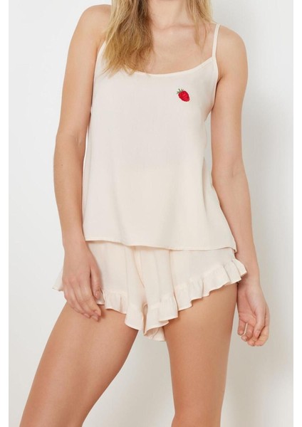 Kadın Viskon Askılı Yaka Askılı Kol Baskılı Saten Dokuma Pijama Takımı fiyatları