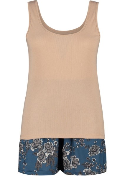 Büyük Beden Kadın Polyester U Yaka Askılı Kol Çiçekli Süprem Pijama Takımı