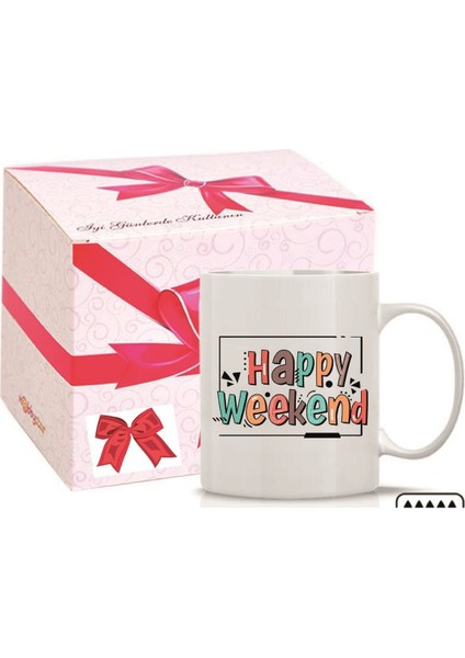 Happy Weekend Renkli Emoji ve Kalp Kulp Özel Süblimasyon Kaliteli Baskılı Porselen Kupa Bardak