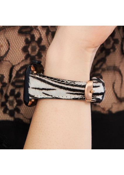 Apple Watch Uyumlu Kadın Deri Kordon 38mm 40mm 41mm Seri 4 5 6 7 8 9 Se 10 Beyaz Zebra Desenli Deri Kordon Kadınlara Özel Deri Apple Watch Kordonu