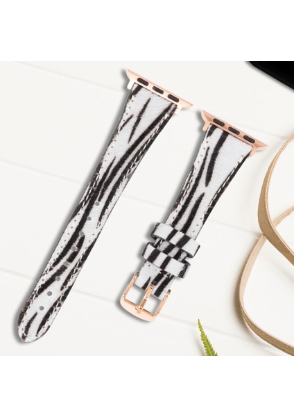 Apple Watch Uyumlu Kadın Deri Kordon 38mm 40mm 41mm Seri 4 5 6 7 8 9 Se 10 Beyaz Zebra Desenli Deri Kordon Kadınlara Özel Deri Apple Watch Kordonu modelleri