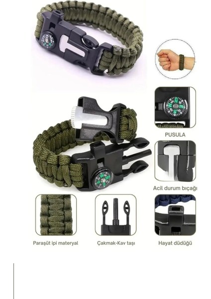 Düdük Çakı Pusula Çakmaktaşı Paraşüt Ipi Hayatta Kalma Bilekliği