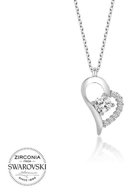 Swarovski Taşlı Gümüş Kalp Tektaş Bayan Kolye
