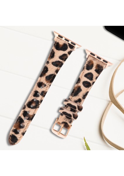 Apple Watch Uyumlu Kadın Deri Kordon 38mm 40mm 41mm Seri 4 5 6 7 8 9 Se 10 Leopar Desenli Deri Kordon Kahverengi Kadınlara Özel Tüylü Deri Kayış A