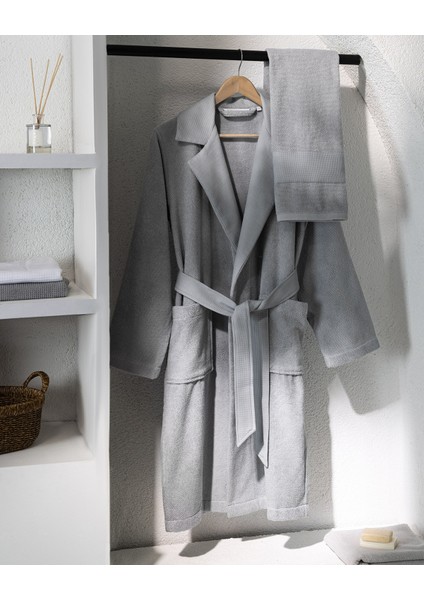 Carole Unisex Pamuk Bornoz Set - Açık Gri - Lüks Koleksiyon