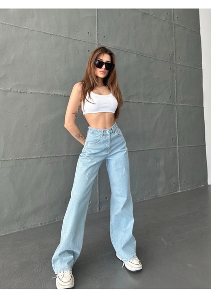 Kadın Açık Mavi Destrolu Yüksek Bel Likralı Wide Leg Geniş Paça Palazzo Kot Pantolon