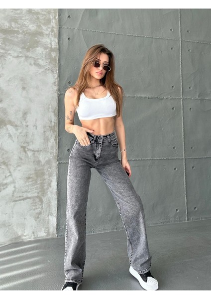 Kadın Siyah Kar Yıkama Yüksek Bel Likralı Wide Leg Geniş Paça Palazzo Kot Pantolon