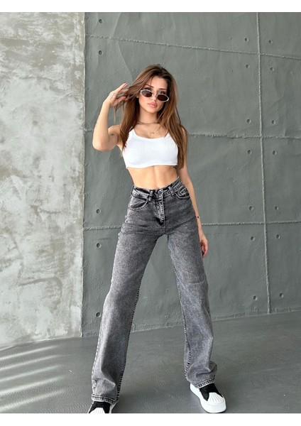 Kadın Siyah Kar Yıkama Yüksek Bel Likralı Wide Leg Geniş Paça Palazzo Kot Pantolon