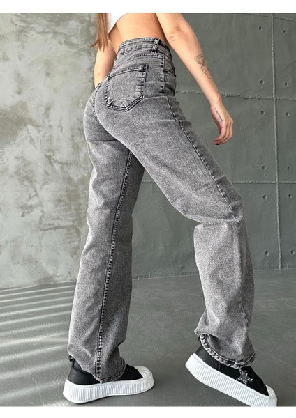 Kadın Siyah Kar Yıkama Yüksek Bel Likralı Wide Leg Geniş Paça Palazzo Kot Pantolon