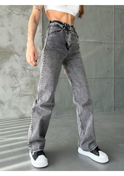 Kadın Siyah Kar Yıkama Yüksek Bel Likralı Wide Leg Geniş Paça Palazzo Kot Pantolon
