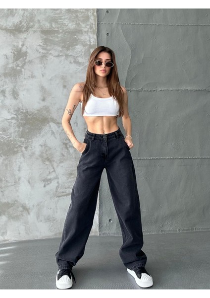Kadın Siyah Enzim Yıkama Renk Yüksek Bel Skater Fit Bol Kesim Baggy Denim