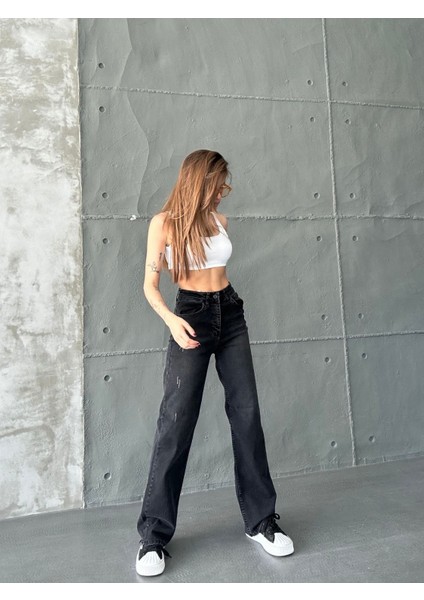 Kadın Siyah Eskitme Destrolu Yüksek Bel Likralı Wide Leg Geniş Paça Palazzo Kot Pantolon