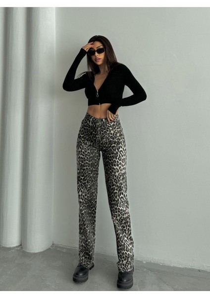 Kadın Leopar Desenli Yüksek Bel Likralı Wide Leg Geniş Paça Palazzo Pantolon