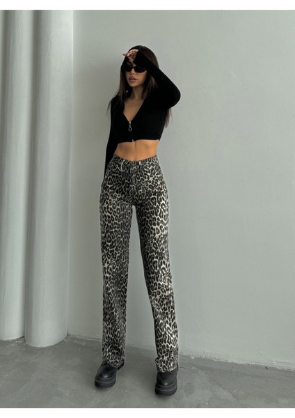 Kadın Leopar Desenli Yüksek Bel Likralı Wide Leg Geniş Paça Palazzo Pantolon