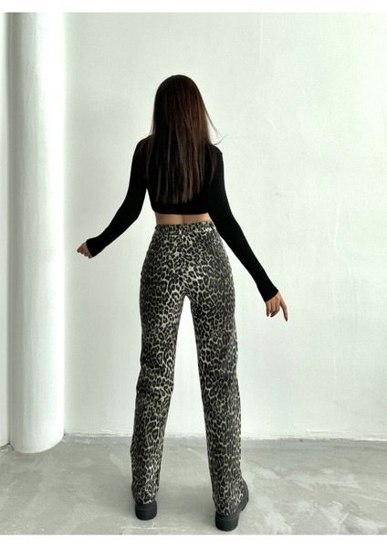Kadın Leopar Desenli Yüksek Bel Likralı Wide Leg Geniş Paça Palazzo Pantolon